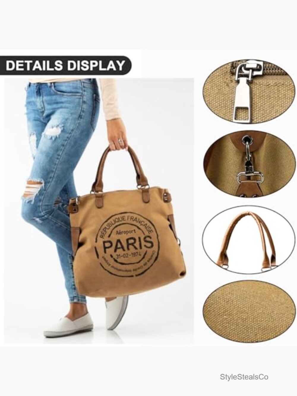 Large Canvas Tote Bag with Zipper Crossbody Laptop Shoulder Hobo Handbag - Picture 3 of 7